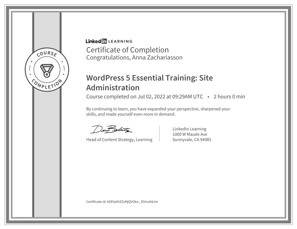 2022-07-02-linkedin-learning-certificate-of-completion-wordpress